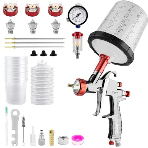 R500 LVLP Pistolet à Peinture avec 3 Buses 1,3mm 1,5mm 1,7mm et Bol Mélangeur 650 ML, Pistolet à Peinture pour Voitures avec Accessoires de pulvérisateur de Peinture