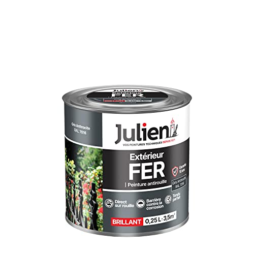 Julien Peinture Fer Anti-Rouille Brillant - Portes, grilles, portails, mobilier de jardin en métal - Gris Anthracite 0,25 L