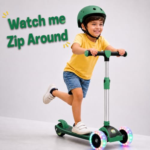 Image of Maanit LED Scooter for Kids (3-12 Years) | Foldable Kick Scooter with LED Light-Up Wheels | Adjustable Height Handlebar | 3-Wheel Stable for Boys & Girls | Outdoor Fun Ride-On (Green)