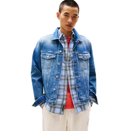 Image of Tommy Jeans Men's Lightweight Denim Trucker Jacket With Embroidered Logo
