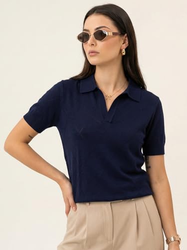 Image of JUNEBERRY Women's Flatknit Solid Half Sleeve Polo T-Shirt with Collared Neck, Casual Style for Office, Travel, (Sizes S to 2XL)