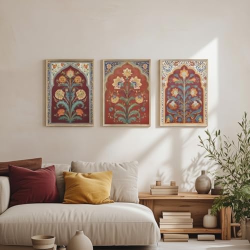 Image of Livin'luxe Set of 3 Traditional Red Floral Wall Art Premium MDF Wooden Color Framed Sparkle Lamination Printed Mughal Style Decorative Painting for Living Room Bedroom Home Decor