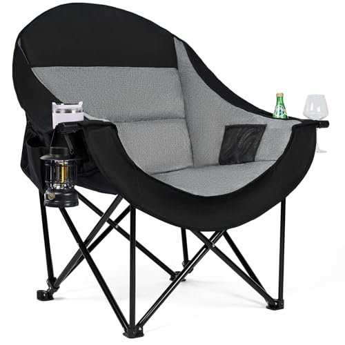 Oversized Camping Chairs for Adult - Heavy Duty Padded Portable Folding Chair XL Collapsible Camp Chair with Cup Holder Side Pocket for Outdoor Lawn Beach Sport Fishing Support 500LBS, Grey