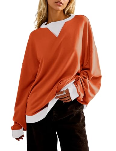 Sujama Oversized Color Block Sweatshirts Women Round Neck Pullover 2025 Cute Y2k Long Sleeve Fall Tops Orange