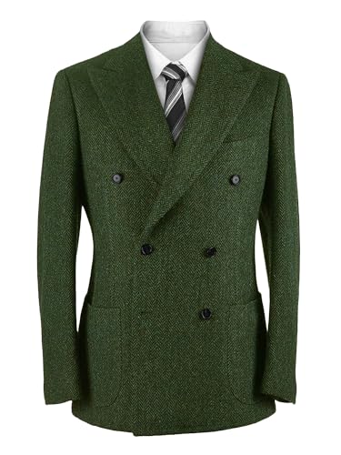 Vintage Herringbone Tweed Blazer British Peak Lapel Woolen Blend Tuxedo Jacket with Pockets