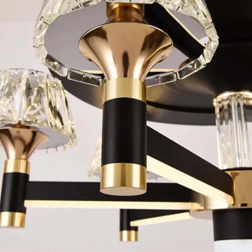 Image of Glowave Luxury Chandelier Ceiling Fan with Retractable Blades Crystal Glass Shades LED Light Remote Controlled Black & Gold Finish - Tricolour |White, Warm White, Natural White| (FI-7660)