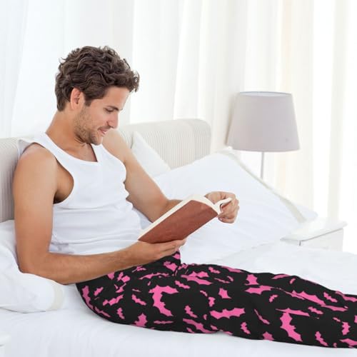 Mens Pajama Pants Bottoms with Pockets - Halloween pink bats black cool Comfy Mens Pj Pants, Soft Men Lounge Pants4