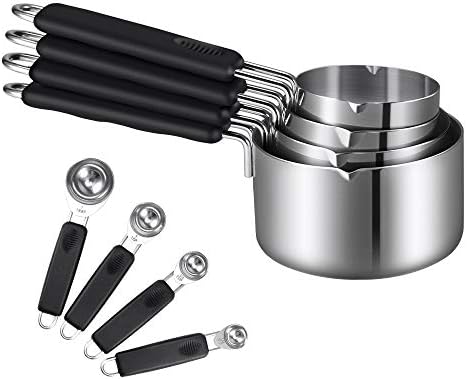 8 Piece Measuring Cups and Measuring Spoons Set, Pekyok DT04 Stainless Steel Kitchen Measuring Tool Cooking Accessories with Silicone Handle Grip Perfect for Cooking & Baking