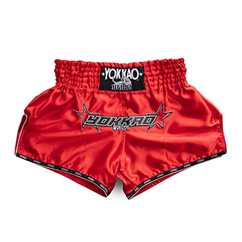 YOKKAO Muay Thai Shorts - Institution Carbonfit Dry-Fit Satin Relaxed Fit MMA Training Boxing Shorts for Men & Women - Red, X-Small