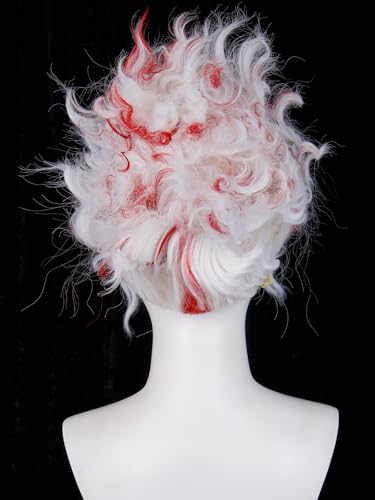 Image of O-karun Cosplay Wig for Men Short Curly White and Red Wave Wig White Costume Male Wigs for Unisex Halloween Party Women