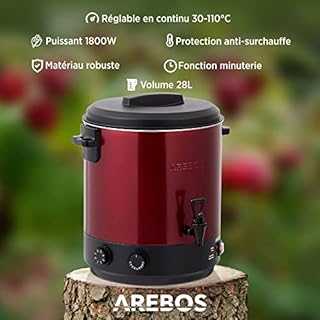 Arebos Autocuiseur automatique 1800 W | 28 l | avec minuterie, thermostat et protection contre la surchauffe | réglable en continu de 30 à 110 °C | Avec pelle et entonnoir de conservation | Rouge