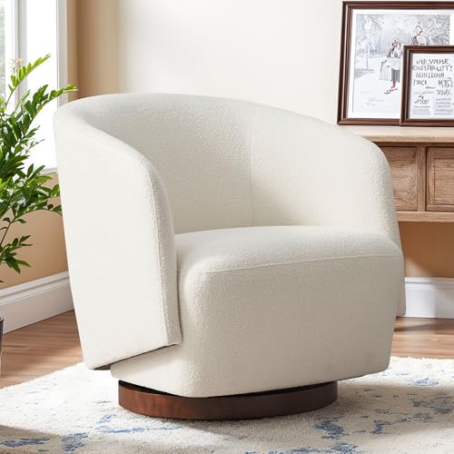 Zihanhome Boucle Swivel Accent Chair, No Assembly Upholstered Armchair with Rubberwood Base, 360° Rotating Barrel Chair for Living Room, Bedroom, Apartment & Reading Nook (1, Beige)