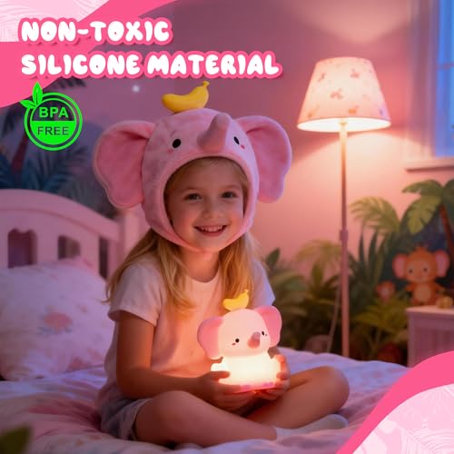 Image of Ammonite Pink Elephant Night Light, Soft Silicone Elephant Nursery Lamp with 2 Dimming Levels and 20-Minute Timer, Touch Control Nightlight for Bedroom Decor, Christmas Birthday Gift