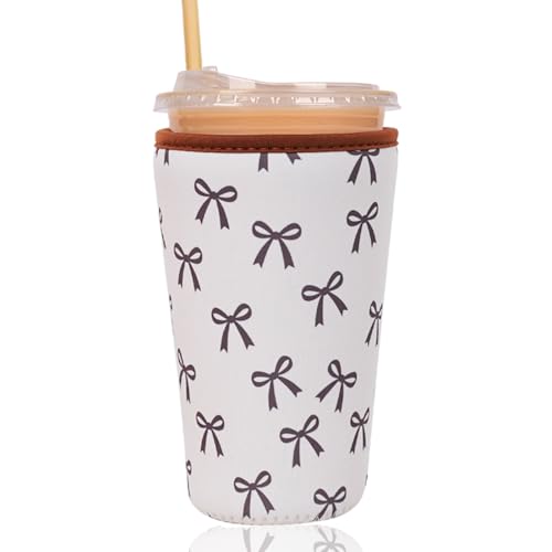 Image of Reusable Insulated Sleeve for Iced Coffee Cup, Coffee Neoprene Sleeve for Cold & Hot Drinks, Beverage Holder for Iced Coffee (Cream Bow, Large: 32oz)
