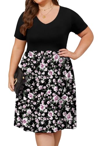 Image of DB MOON Women Plus Size Dresses 2026 Summer Casual V Neck Short Sleeve Knee Length Dress with Pockets