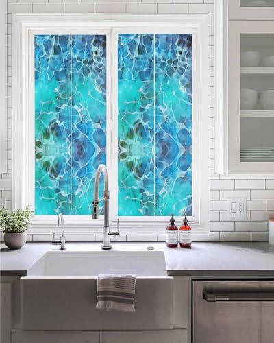 Ocean Blue Window Privacy Film Stained Glass Window Film Decorative Window Cover Static Window Cling for Glass Door Summer Coastal Wave Texture Window Stickers for Bathroom 19.6