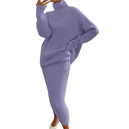 Strickkleid für Damen, 2-teilig, einfarbig, Langarm, Pullover, Oberteil und Rock, Strickpullover, Rollkragenpullover, Strickkleid, Loungewear, Herbst...