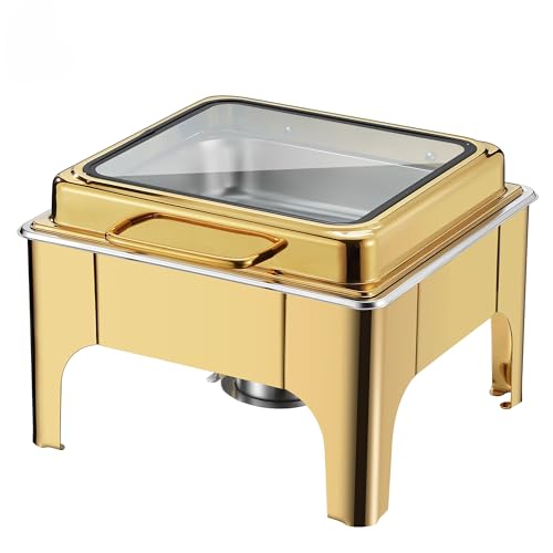 Image of Malabar Stainless Steel Chafing Dish with Transparent Lid, Rectangular Chafing Dish Set with Hydraulic Lid, Mirror Finished Buffet Food Warmer (Non Electric, 6 LTR - Gold)