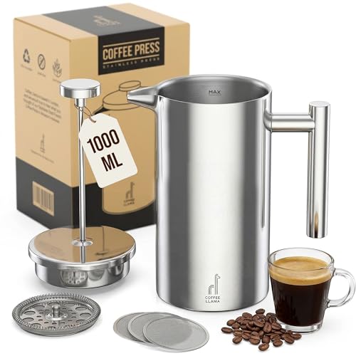 Image of Coffee Llama™ French Press | 1 Litre | 8 Cups Cafetiere Doubled Walled Portable Stainless Steel Coffee Press for Home, Travel & Camping with 3 Extra Filters