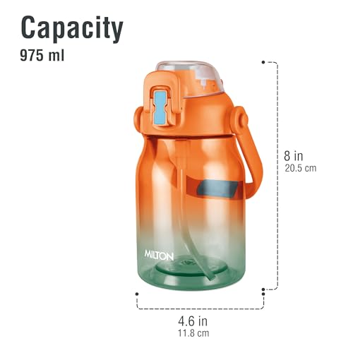 Image of MILTON Juwel 1000 Premium Crystal Clear Unbreakable Material Sipper Water Bottle | BPA Free | One-Touch Open|Leak-Proof | Sturdy Handle Cum Mobile Holder | Ideal for Office, School, Gym, 975ml, Orange
