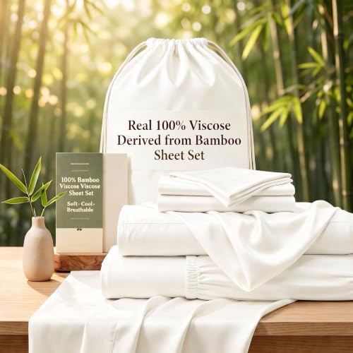 Image of TWK Real 100% Viscose Derived from Bamboo Sheets Set CK Size, Cooling & Silky Soft for Hot Sleeper, Breathable & Moisture Wicking Fabric, 18 inch Deep Pocket with Corner Straps(White,California King)