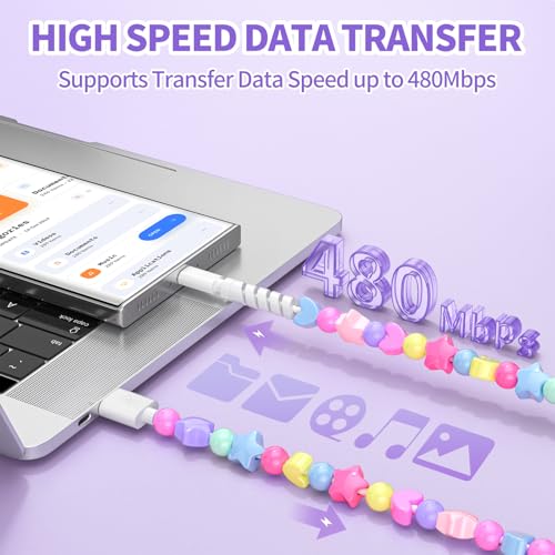 Image of VOFUOE USB to USB C Cable for iPhone 17 Charging Cord Type C Fast Charging Stars Bead Chain Charging Cable for Women 3.3FT for iPhone 16 /15, Galaxy S24 /S25 Ultra, for iPad 11th /10th -Candy Color