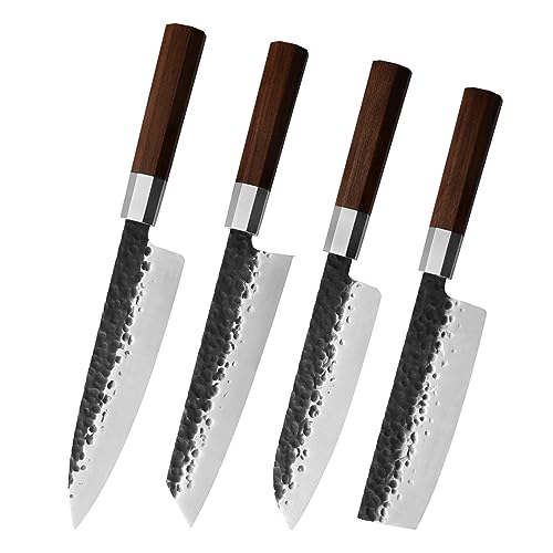 FBITE Cuchillo de cocina de cocina japonesa, juego de cuchillos de martillo con mango octogonal de palisandro, cuchillo de sashimi de 4 piezas, cuchillo de chef de carnicero