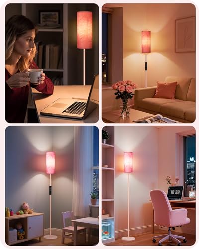 Image of Dimmable Floor Lamps for Living Room with Remote and Foot Switch, 64.4 inch Modern Standing Tall Lamp, Corner Lamp for Bedroom, Bulb Included, 3000K-6500K, FCC Listed, Sakura Pink PCP06LD05W1