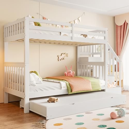 Azkoeesy Cama Infantil con Escalera y Cama Nido, 90x200 cm, litera para 3 niños y Adolescentes, con 3 somieres y almacenaje, para Adultos, Madera de Pino, Color Blanco - imagen 6