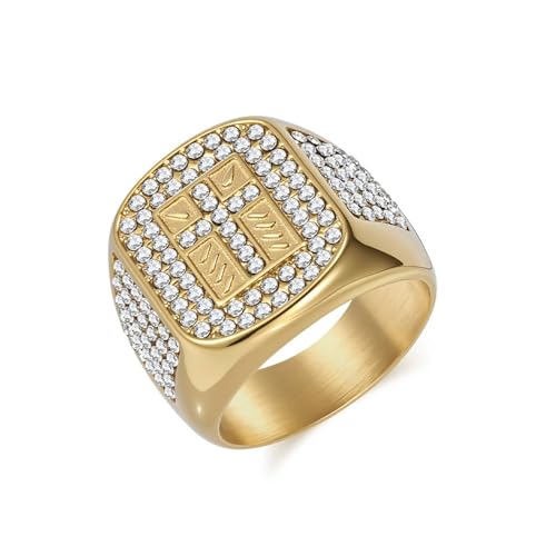 Chevalière hip-hop or 21mm en acier chirurgical et zircone pour homme taille 56.5