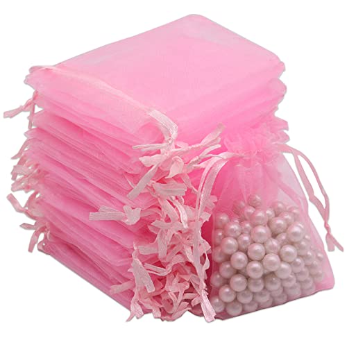 Leeyunbee 100PCS 7x9cm Bolsa de Organza Rosa, Bolsitas de Organza, Bolsas para Envoltura de Joyas, Bolsas de Organza de Regalo con Cordón para Boda Favores Joyas y Dulces