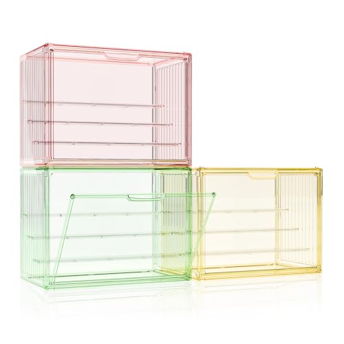 MSHOMELY Colorful Figure Display Case for Collectibles 4 Layer Hobby Figurine Display Shelf Cases Stackable Display Boxes with Shelves for Pop Mart, Action Figures, Model, 3 Pack