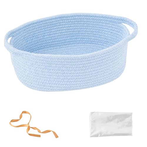 Kodomoore Small Woven Gift Basket Empty with Bag & Ribbon - Gifts for Mom, Baby Shower, Birthdays & Raffle - Cotton Rope Storage Basket for Dog Toys or Shelf - 12"x8"x5", Blue