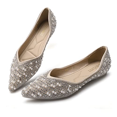 Women's Rhinestone Flats Fashion Pointed Toe Pearl Diamond Low Heel Dress Wedding Flats Work Business Dance Ballet Flats Apricot Size - 7 #TOP1