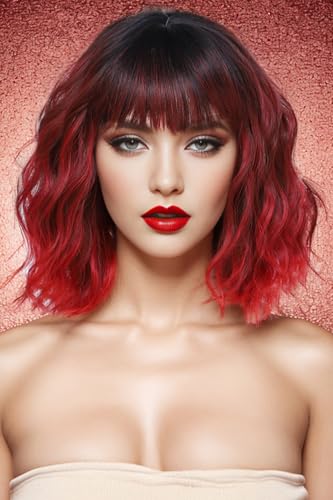 Rose bud Ombre Red Wavy Bob Wig for Women Short Curly Wigs with Bangs