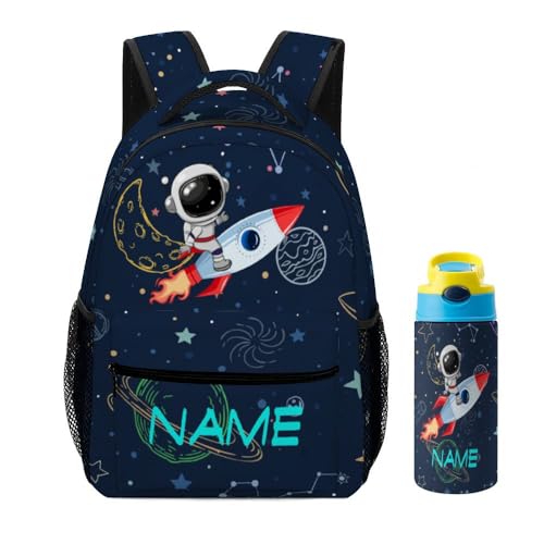 Custom Kids Backpack for Boys Girls Personalized Add Text Name Rocket Planet Astronaut Water Bottle Bookbags Customized School 2 Set Backpack