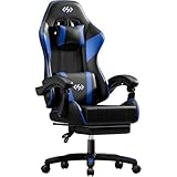 HLONONE Gaming Stuhl, Ergonomischer Gaming Chair mit Fußstütze, Verstellbarer Gamer Stuhl mit Kopfstütze, Lendenkissen und Linkage-Armlehnen, Racing Gaming Sessel Gepolstert PC Stuhl, Schwarz-Blau