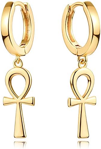 DREMMY STUDIOS Gold Ankh Cross Earrings for Women 14K Gold Plated Ankh Cross Drop Dangle Earrings Egyptian Religious Faith Jewelry Gifts for Women Men