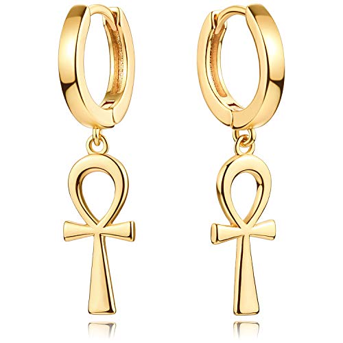 Dremmy Studios Gold Ankh Cross Earrings For Women 14K Gold Plated Ankh Cross Drop Dangle Earrings Egyptian Religious Faith Jewelry Gifts For Women Men #TOP3