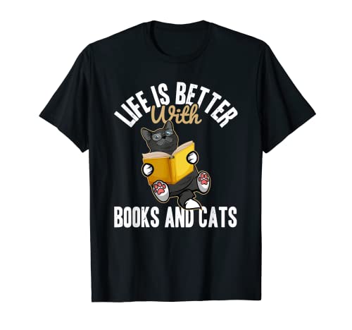Life is Better With Books And Cats Funny Book and Cat Lover Camiseta
