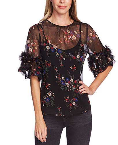 Vince Camuto Women's Ruffle Sleeve Country Bouquet Blouse, Rich Black, Medium