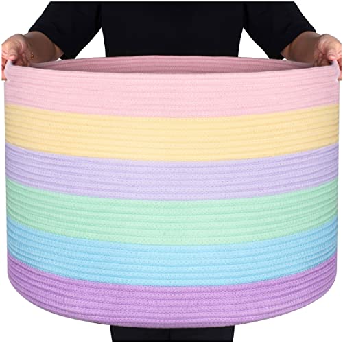 Image of MINTWOOD Design Extra Large 22 x 14 Inch Rainbow Blanket Basket for Colorful Room Decor, Playroom & Classroom Storage Basket, Decorative Cotton Rope Basket, Toy Storage Baskets & Bins, Pastel Rainbow