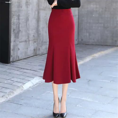 Women High Waist Solid Color Mermaid Skirt Casual Knee Length Trumpet Skirts3