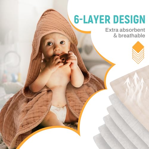 Image of MIGIOL Hooded Baby Bath Towels 100% Muslin Cotton Baby Bath Towel for Infant, Toddler and Kids,Soft and Absorbent Newborn Essential，Large 32x32Inch 2 Pieces Coffee & Beige