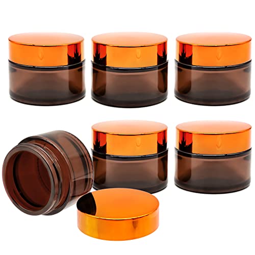 YAXIDAEVER 6 Stück Cremedose Leer,50ml Amber Glas Leerdose,Cremetiegel aus Glas mit Schraubverschluss und Liner,Leere Nachfüllbare Behälter für Kosmetik Cremes Lotionen