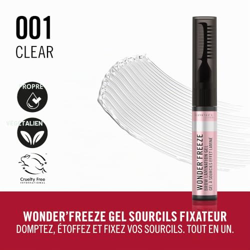 Rimmel Wonder'Freeze Gel de Fixation des Sourcils, Cire à sourcils, sculpte les sourcils, non collant, application propre, léger, formule vegan, 6 g, 001 Clear