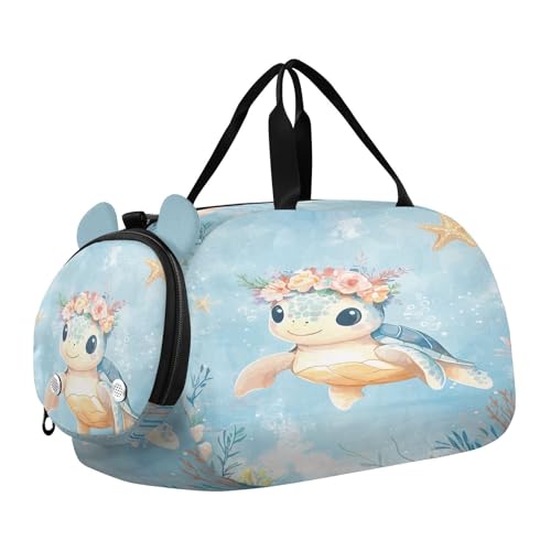 Blue Turtle Starfish Kids Travel Duffel Bag for Boys Girls Overnight Weekend Tote Bag with Shoes Compartment for Gym Sports Dance