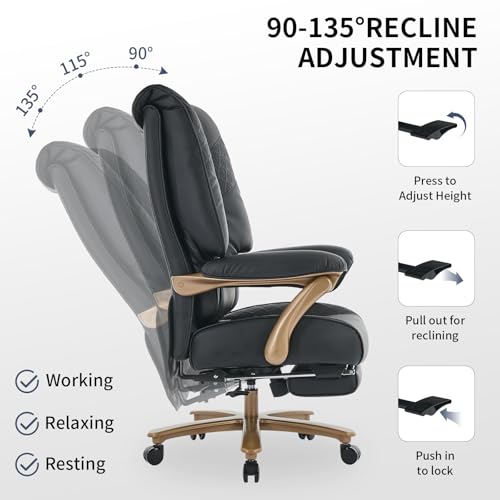 Image of EXCEBET Big and Tall Executive Office Chair with Footrest, 400LBS Capacity Ergonomic High-Back Desk Office Chair with Lumbar Support, Padded Armrests & Thick Cushion, Black PU Leather Chairs