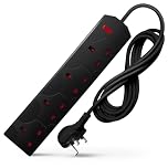 DESIRETECH Black Electric Extension Lead - 4 Gang, 5 Metre Cable with UK Plug & 3 Pin Socket - Wall Mountable & Multi Socket Mains Strip for Home, Bedroom, Kitchen, & Office (1 Pack)