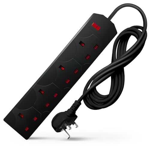 DESIRETECH Black Electric Extension Lead - 4 Gang 5 Metre Cable with UK Plug & 3 Pin Socket - Wall Mountable & Multi Socket Mains Strip for Home Bedroom Kitchen & Office (1 Pack)